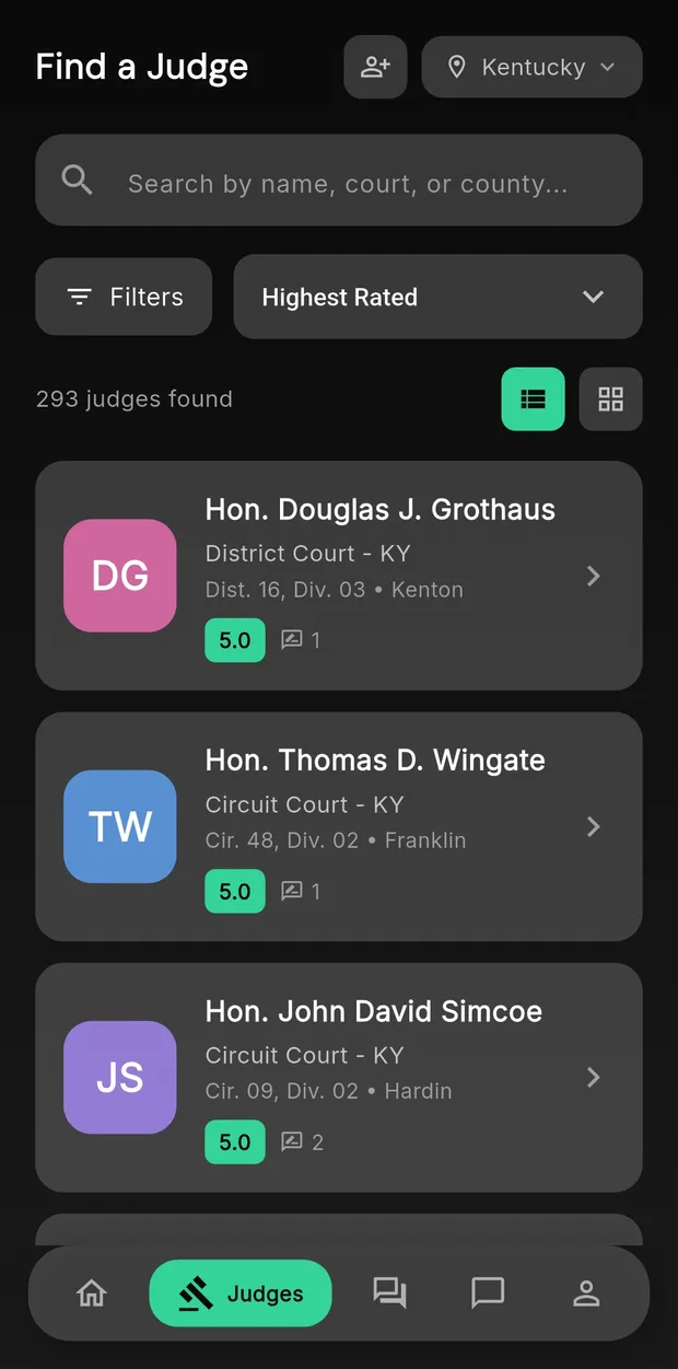 The Judge-y app, searching judges by name, court, or county.